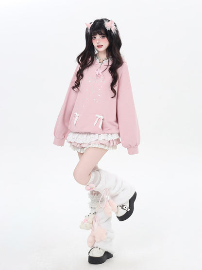 Crazy Girl Bow Rhinestone Lace Cartoon Print Loose Hooded Women&