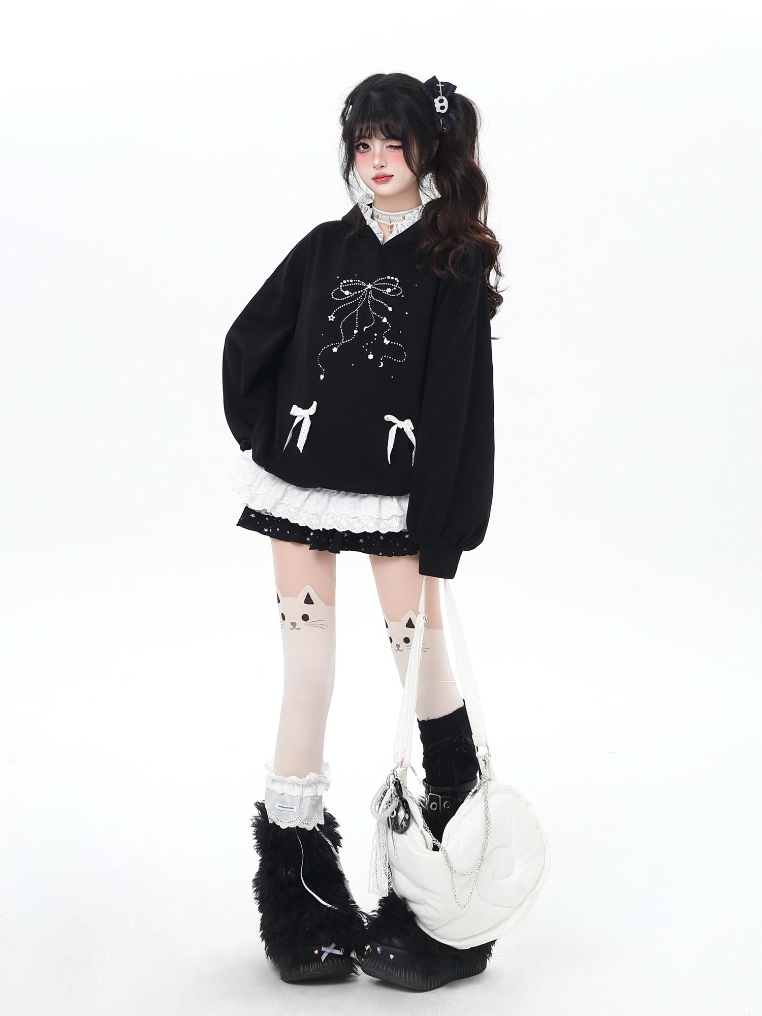 Crazy Girl Bow Rhinestone Lace Cartoon Print Loose Hooded Women&