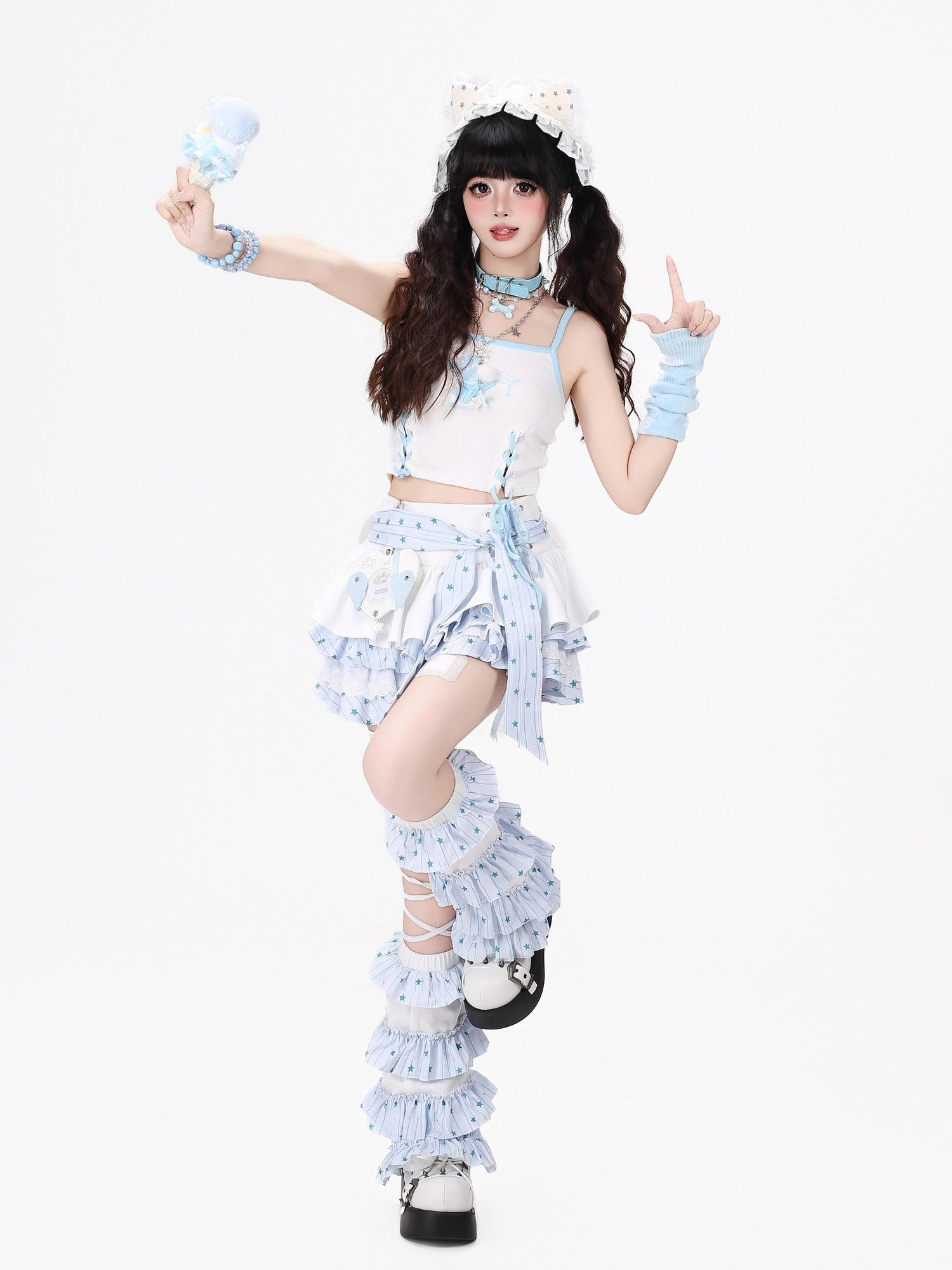Crazy Girl Bow Tie Lace Up Ruffled High Waist Women&