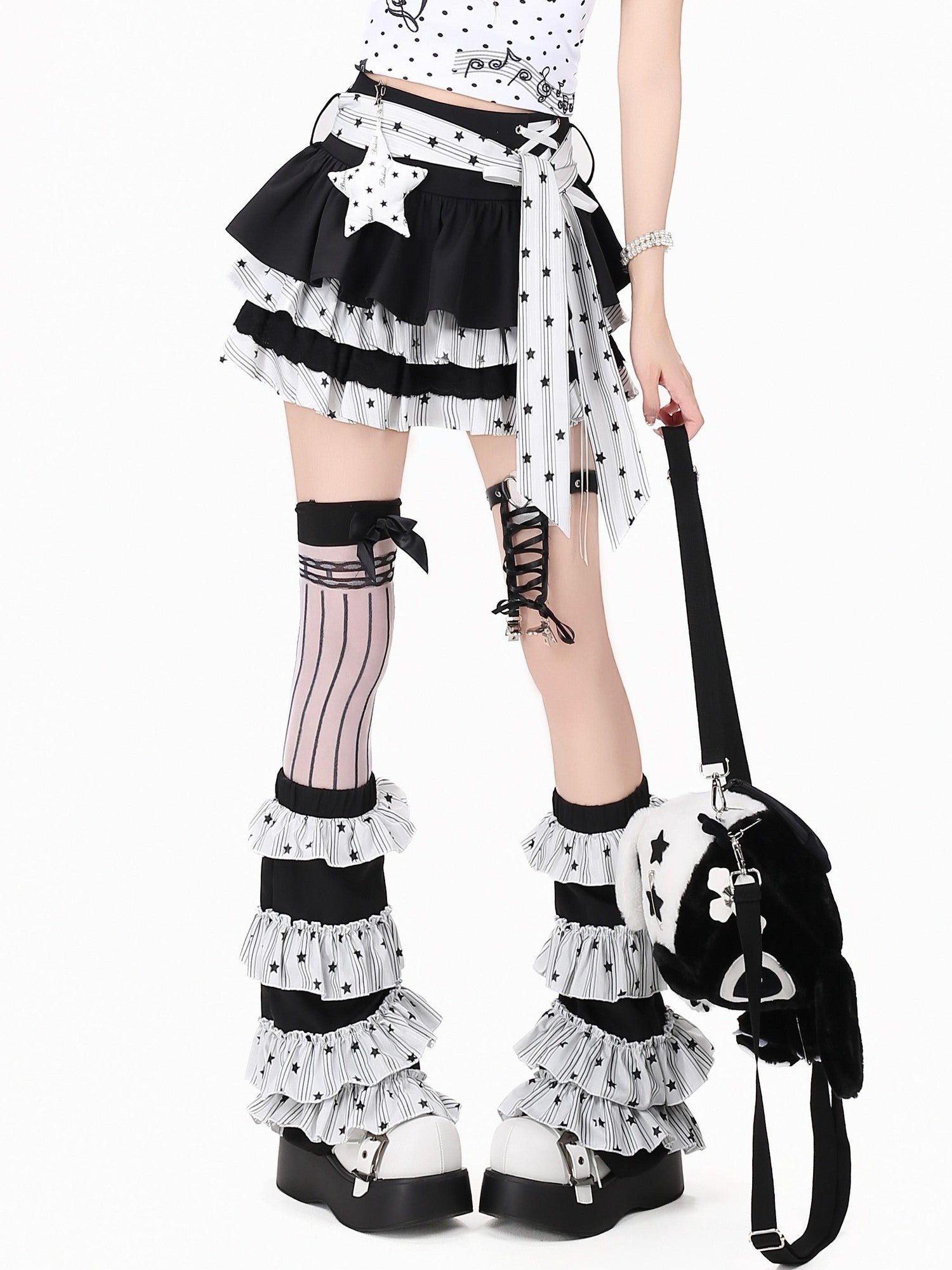 Crazy Girl Bow Tie Lace Up Ruffled High Waist Women&
