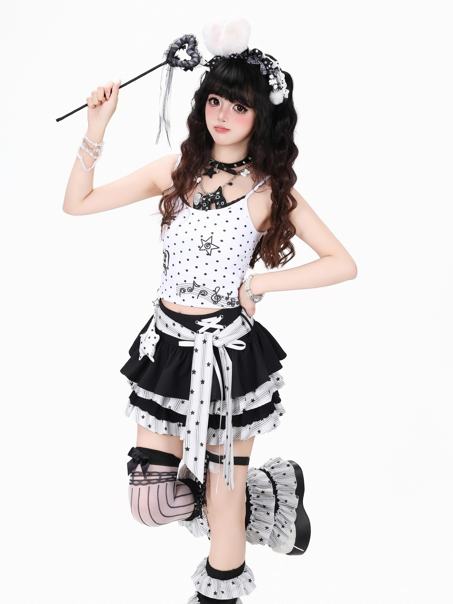 Crazy Girl Bow Tie Lace Up Ruffled High Waist Women&