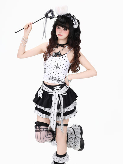 Crazy Girl Bow Tie Lace Up Ruffled High Waist Women&
