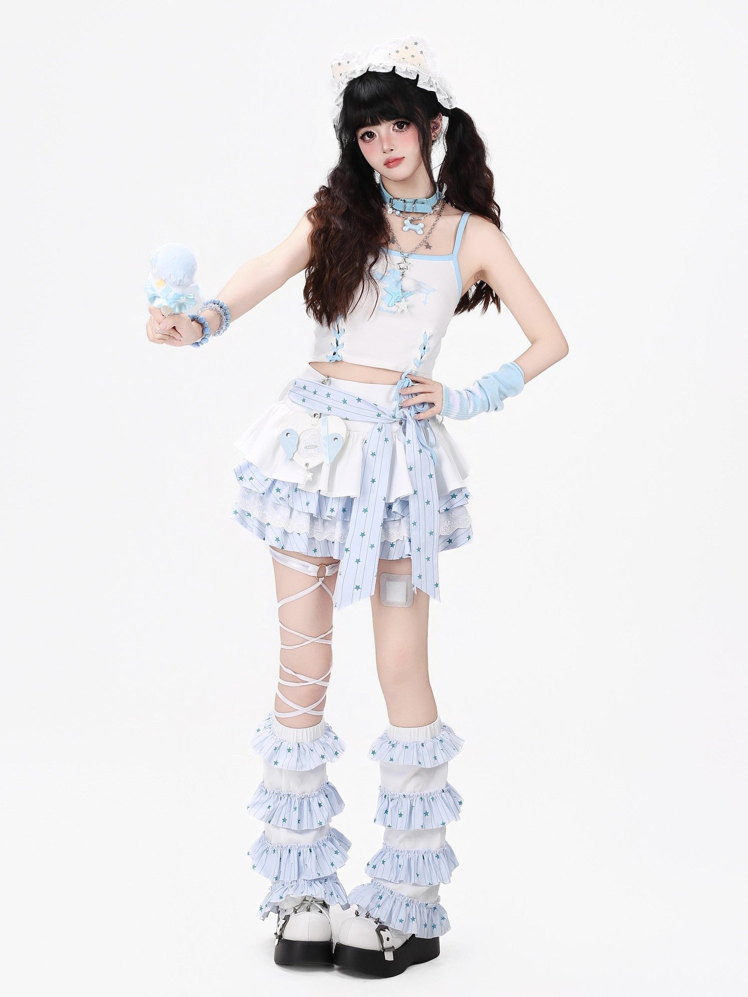 Crazy Girl Bow Tie Lace Up Ruffled High Waist Women&