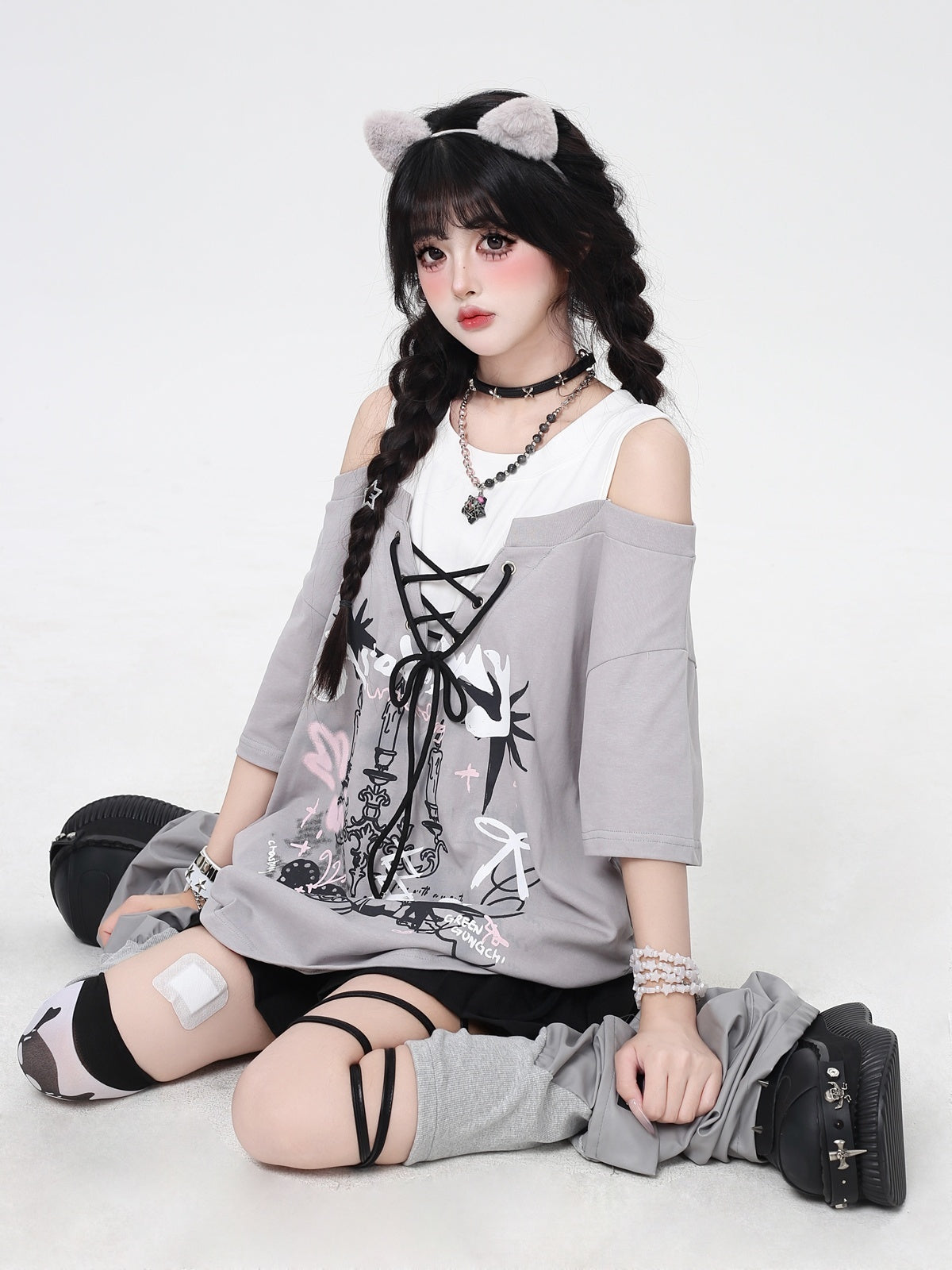 Crazy_Girl_Bow_Tie_Off_Shoulder_Drawstring_Faux_Two_Piece_Women&