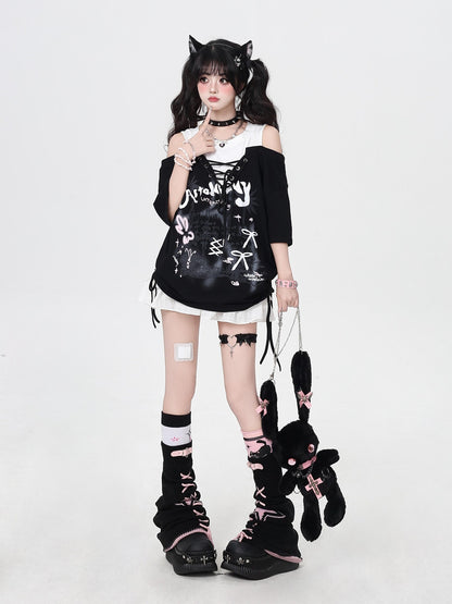 Crazy Girl Bow Tie Off Shoulder Drawstring Faux Two Piece Women&
