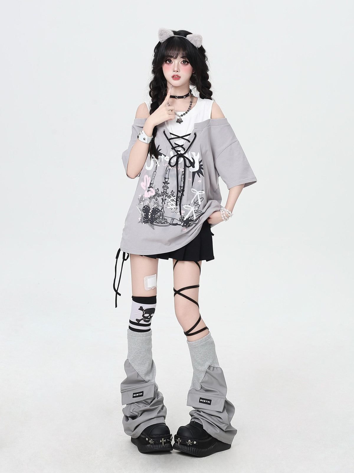 Crazy Girl Bow Tie Off Shoulder Drawstring Faux Two Piece Women&