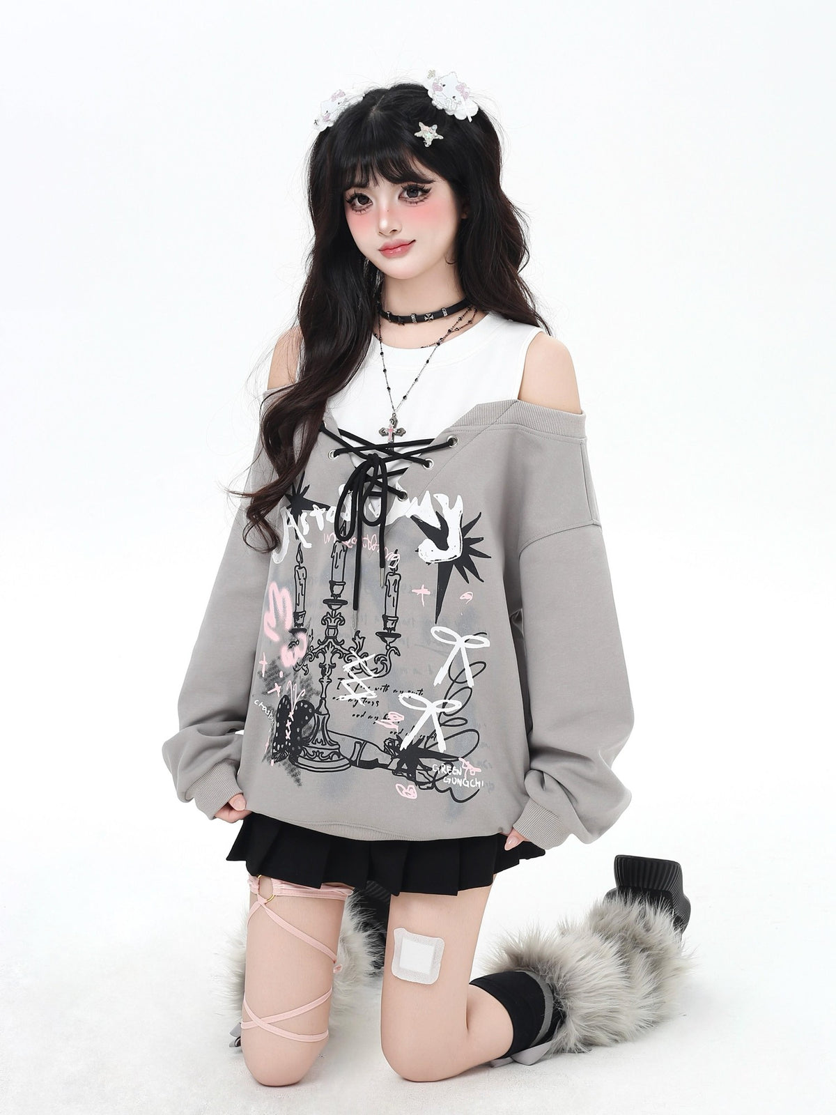 Crazy Girl Bow Tie Off Shoulder Drawstring Faux Two Piece Women&