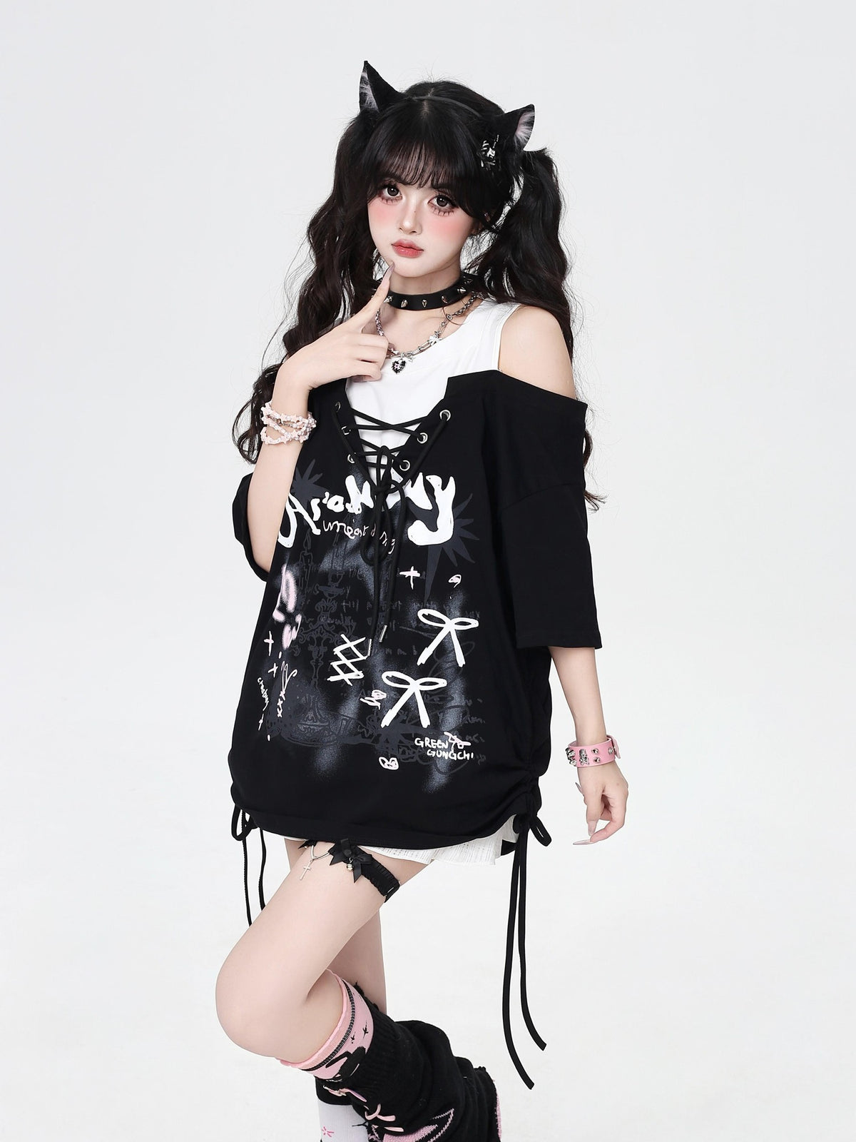 Crazy Girl Bow Tie Off Shoulder Drawstring Faux Two Piece Women&