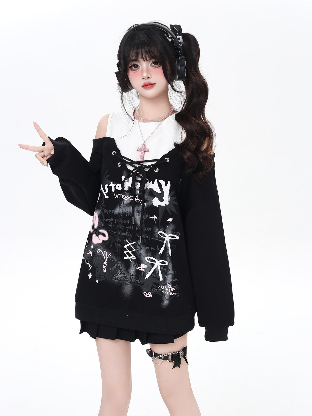 Crazy Girl Bow Tie Off Shoulder Drawstring Faux Two Piece Women&