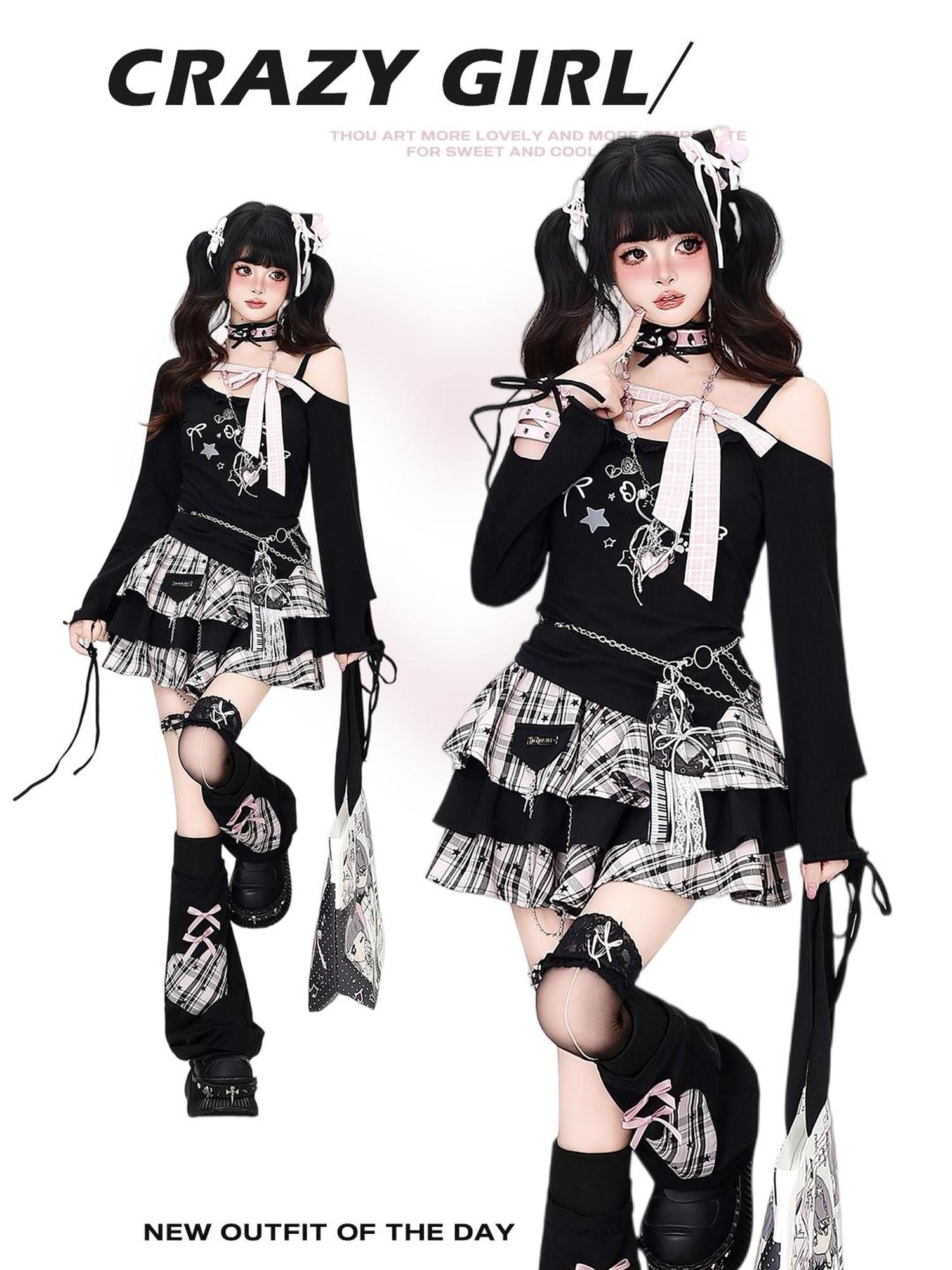 Crazy Girl Bow Tie Off Shoulder Low Neck Spliced Cropped Women&