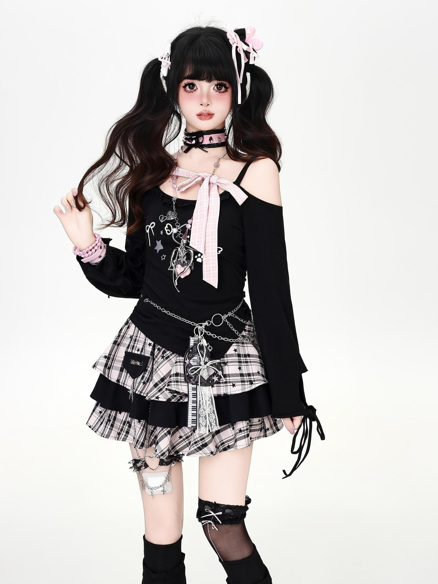 Crazy Girl Bow Tie Off Shoulder Low Neck Spliced Cropped Women&