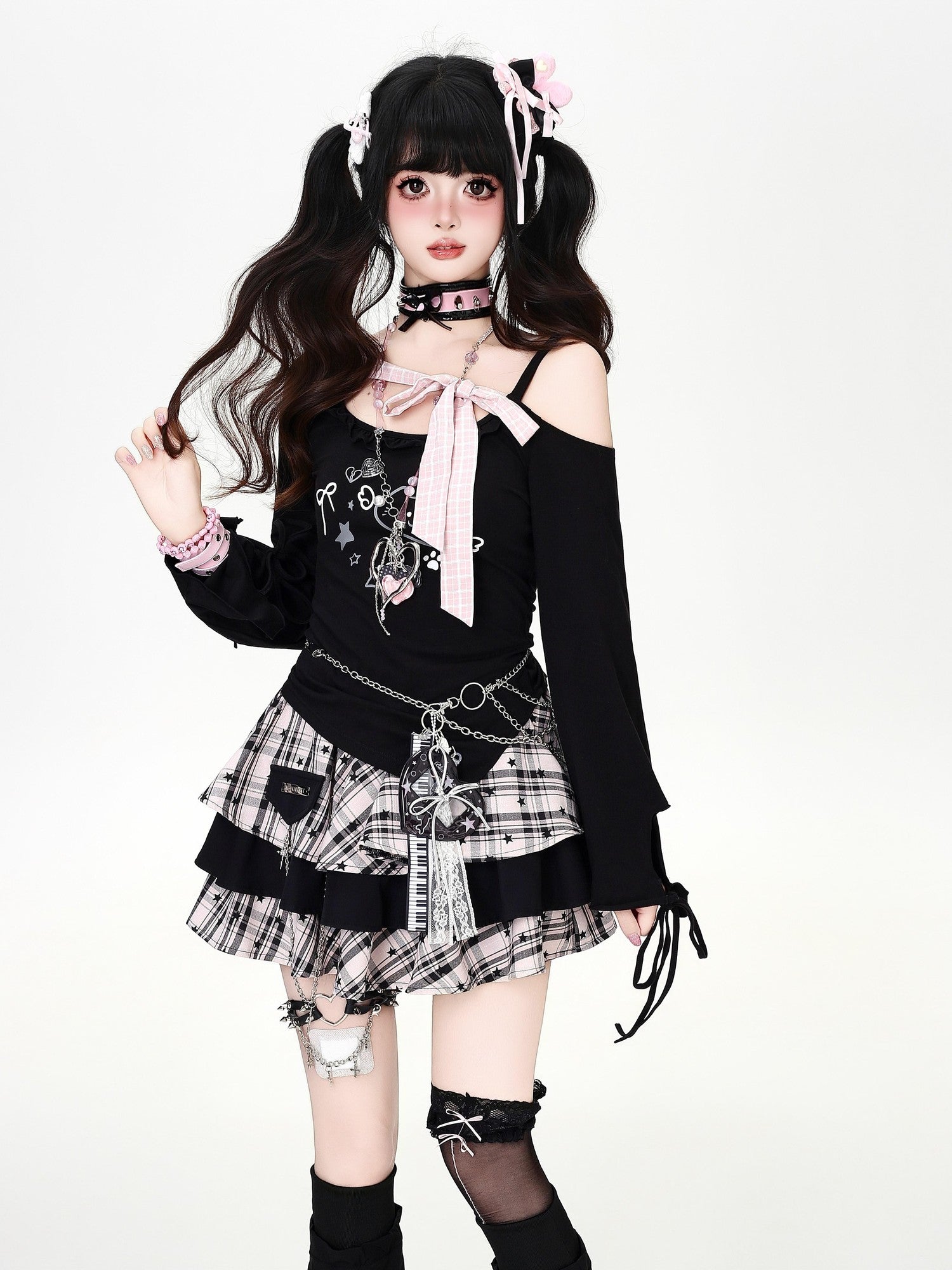 Crazy Girl Bow Tie Off Shoulder Low Neck Spliced Cropped Women&