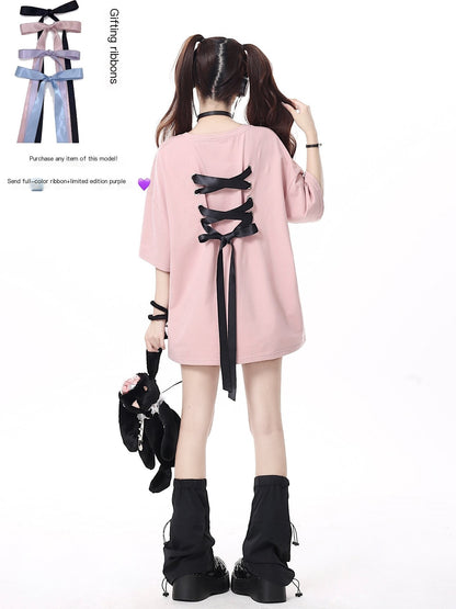 Crazy_Girl_Bowknot_Tie_Up_Original_Design_Round_Neck_Mid_Length_Women&