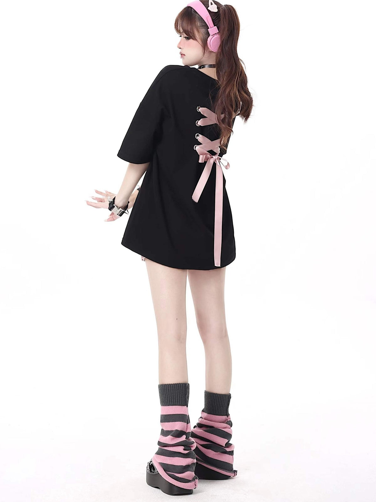 Crazy Girl Bowknot Tie Up Original Design Round Neck Mid Length Women&