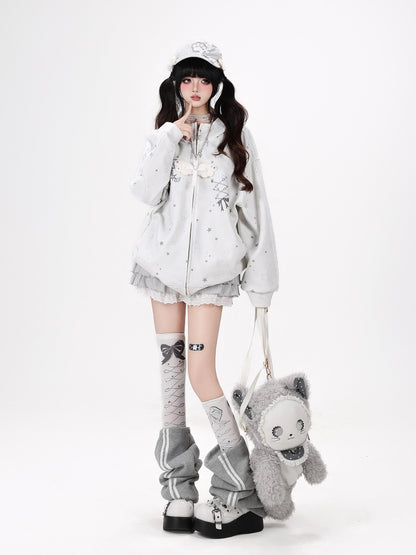 Crazy Girl Bunny Ear Star Print Hooded Loose Fit Long Sleeve Women&