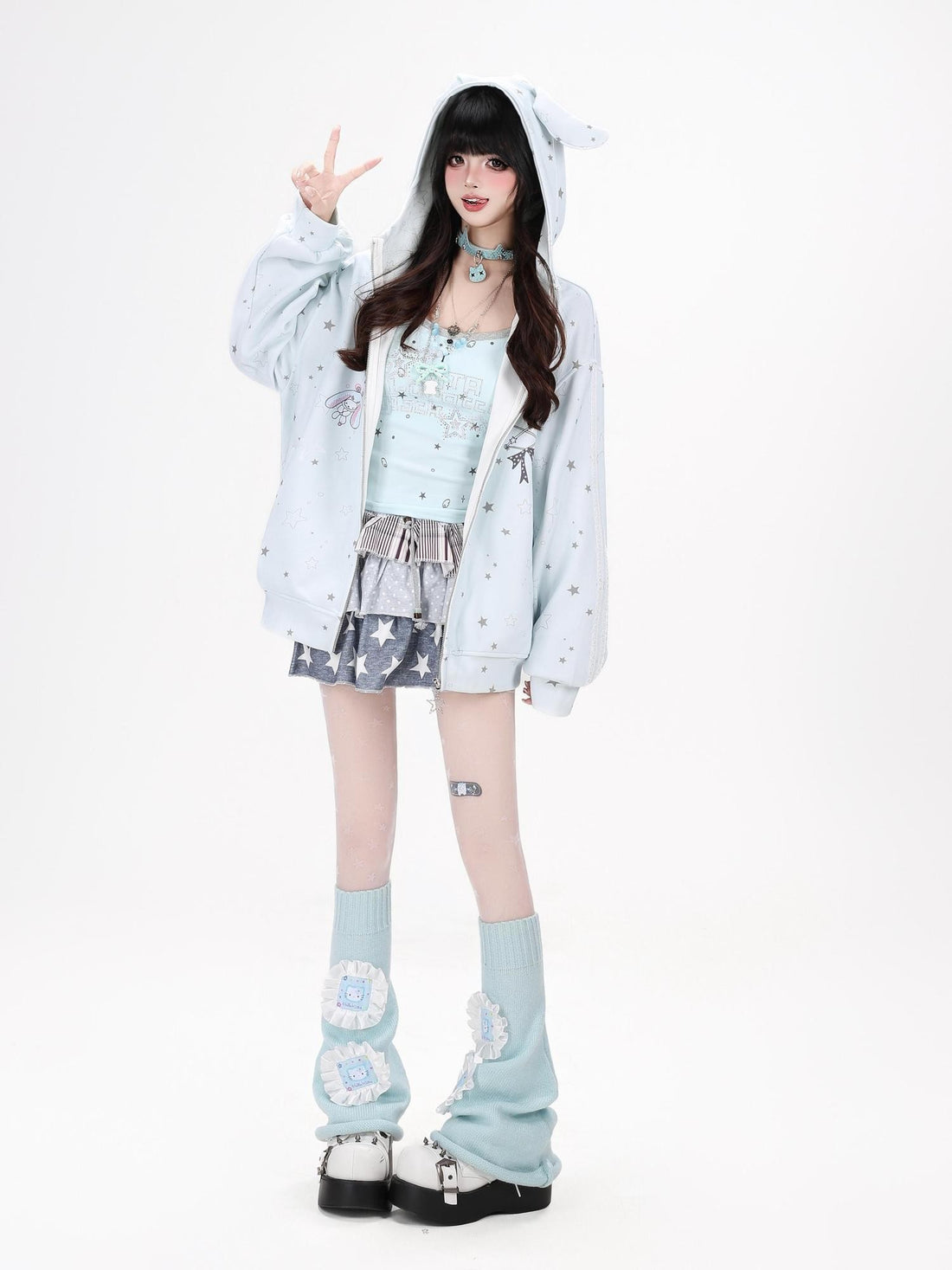 Crazy Girl Bunny Ear Star Print Hooded Loose Fit Long Sleeve Women&