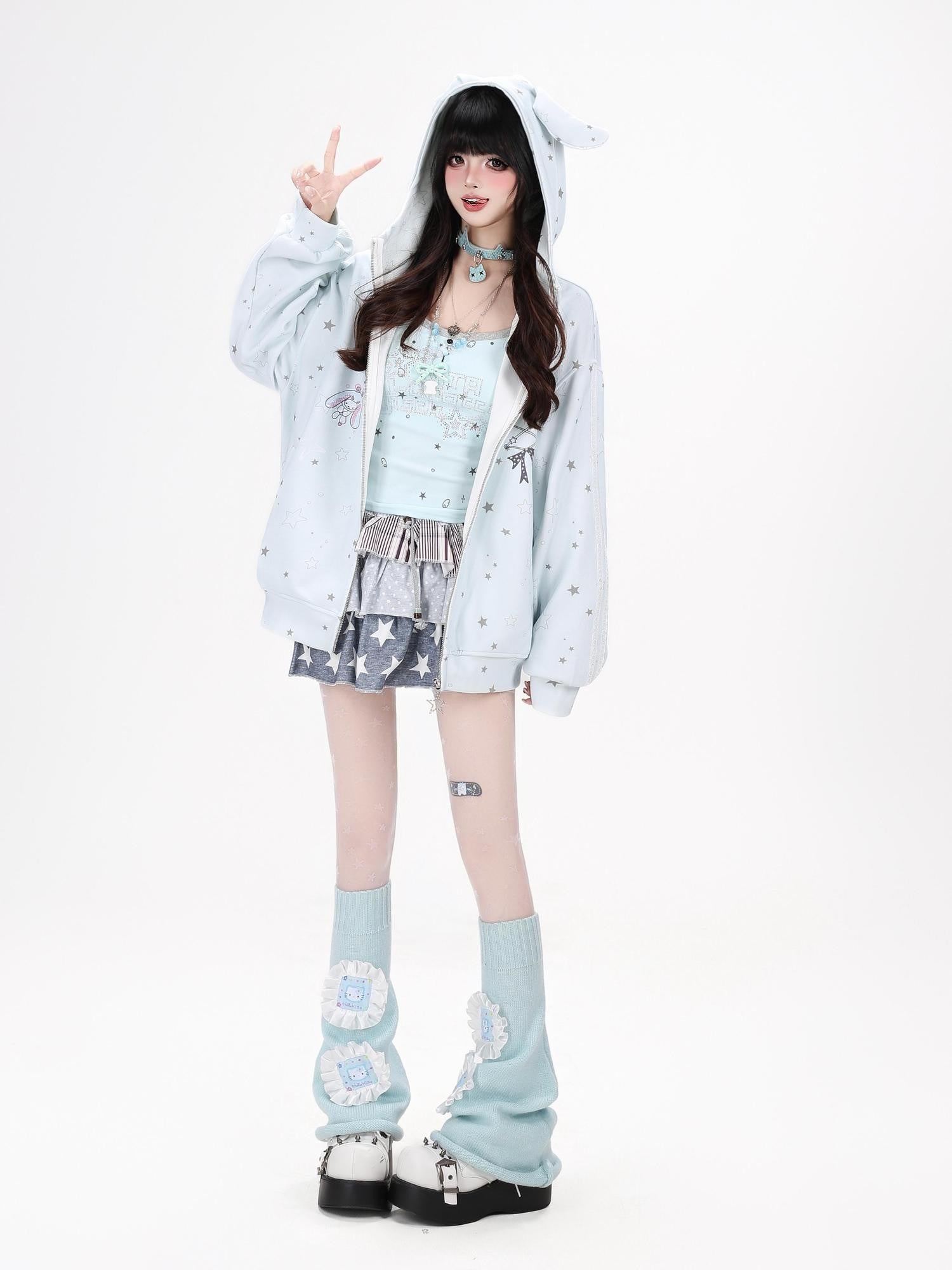 Crazy Girl Bunny Ear Star Print Hooded Loose Fit Long Sleeve Women&