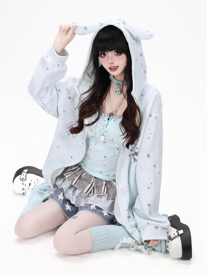 Crazy Girl Bunny Ear Star Print Hooded Loose Fit Long Sleeve Women&