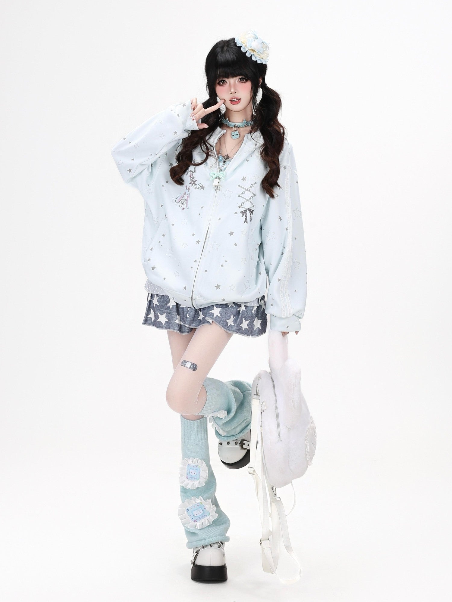 Crazy Girl Bunny Ear Star Print Hooded Loose Fit Long Sleeve Women&