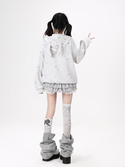 Crazy Girl Bunny Ear Star Print Hooded Loose Fit Long Sleeve Women&