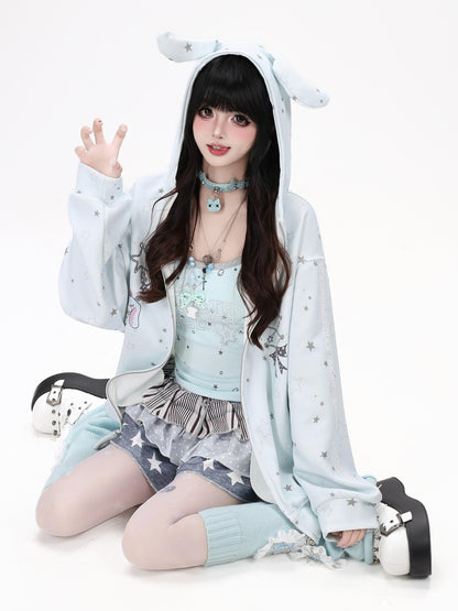 Crazy Girl Bunny Ear Star Print Hooded Loose Fit Long Sleeve Women&