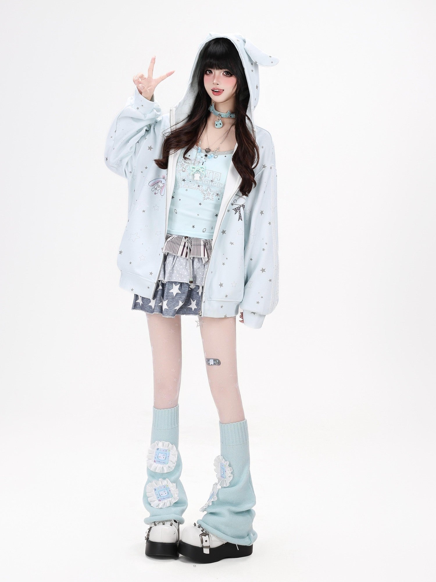Crazy Girl Bunny Ear Star Print Hooded Loose Fit Long Sleeve Women&