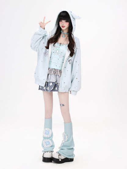 Crazy Girl Bunny Ear Star Print Hooded Loose Fit Long Sleeve Women&