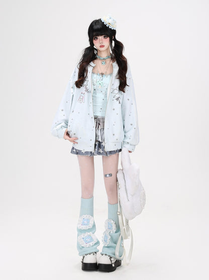 Crazy Girl Bunny Ear Star Print Hooded Loose Fit Long Sleeve Women&