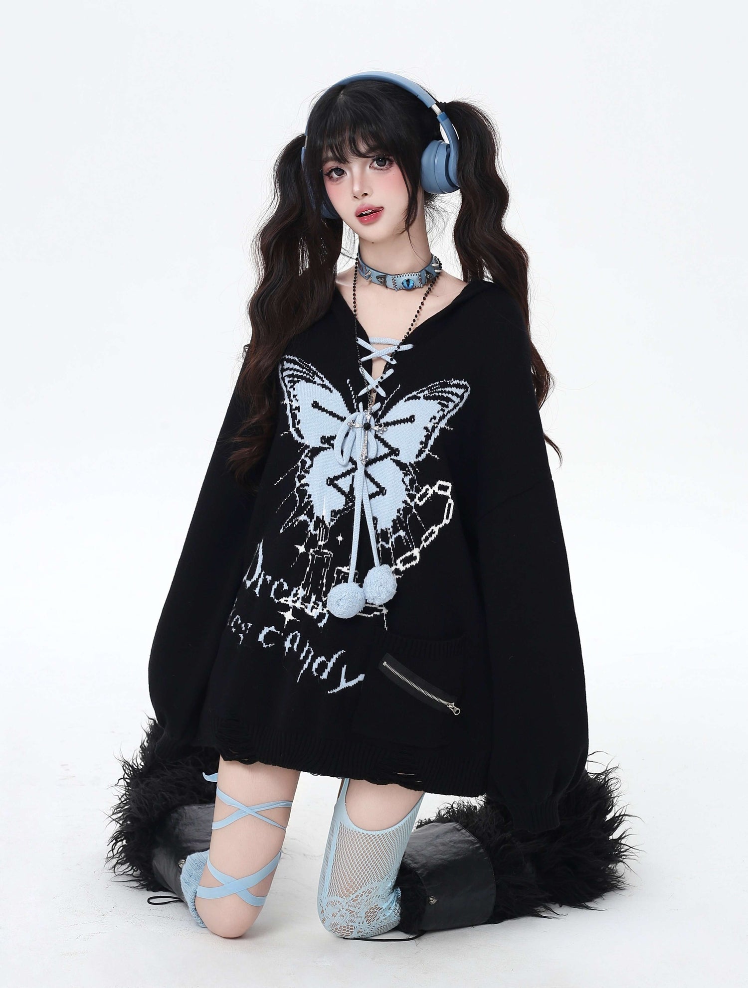 Crazy_Girl_Butterfly_Bow_V-neck_Hooded_Lantern_Sleeve_Loose_Women&