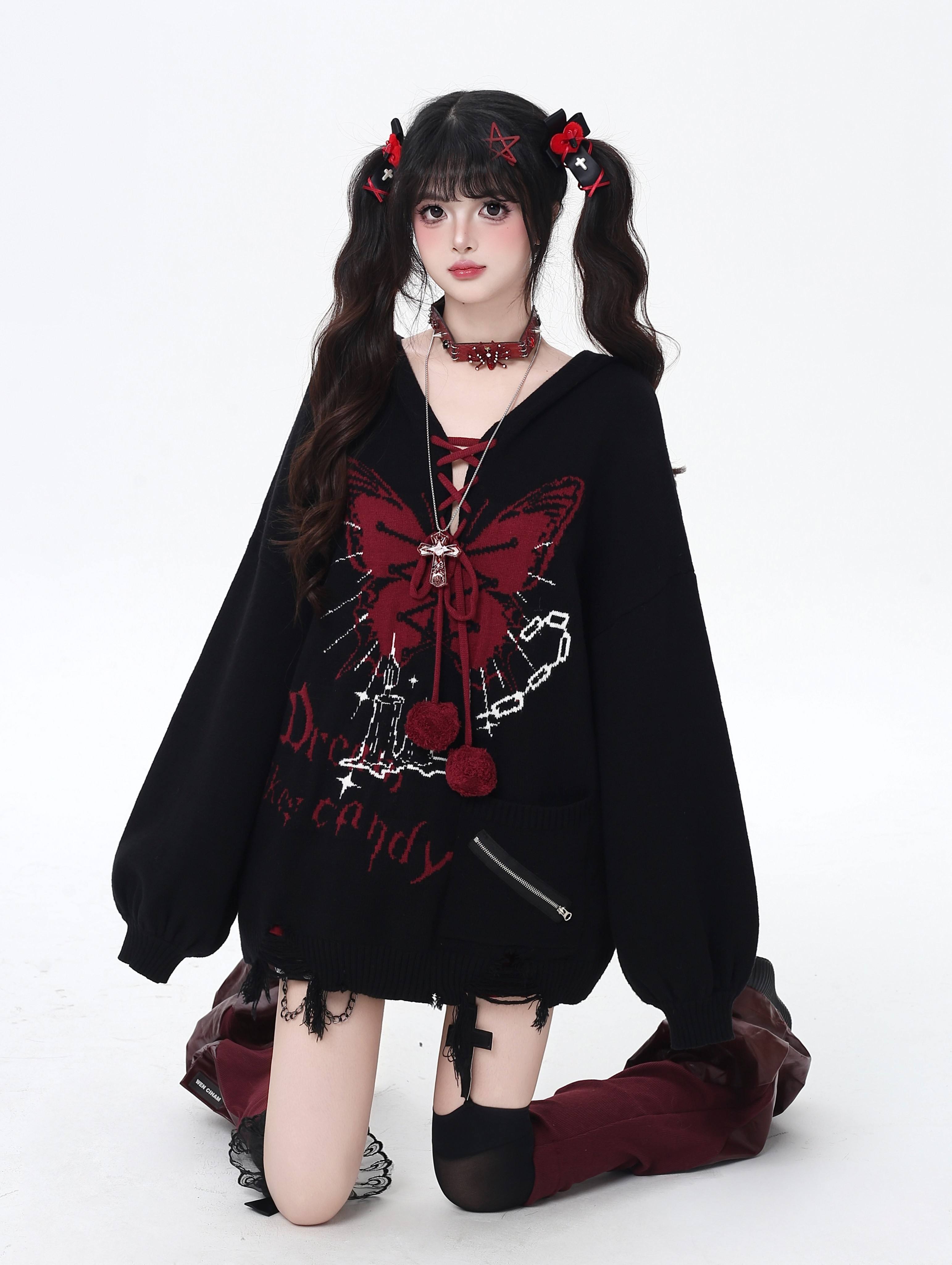 Crazy_Girl_Butterfly_Bow_V-neck_Hooded_Lantern_Sleeve_Loose_Women&