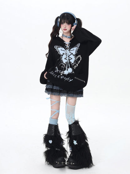 Crazy Girl Butterfly Bow V-neck Hooded Lantern Sleeve Loose Women&