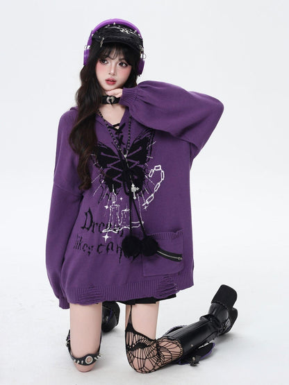 Crazy Girl Butterfly Bow V-neck Hooded Lantern Sleeve Loose Women&