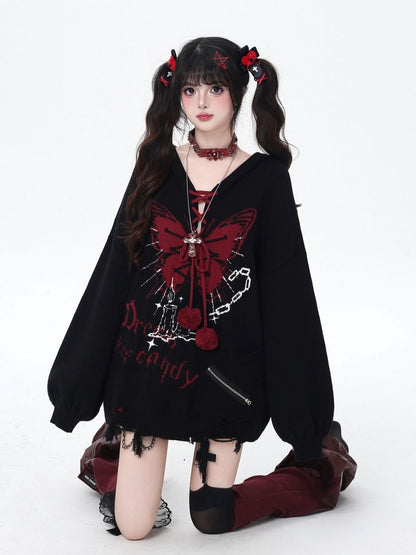 Crazy Girl Butterfly Bow V-neck Hooded Lantern Sleeve Loose Women&