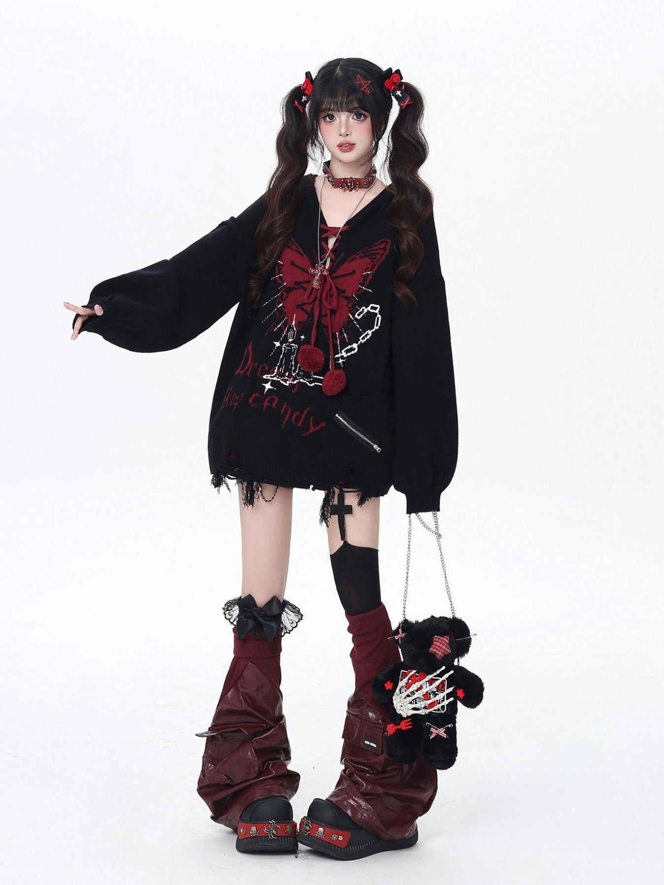 Crazy Girl Butterfly Bow V-neck Hooded Lantern Sleeve Loose Women&