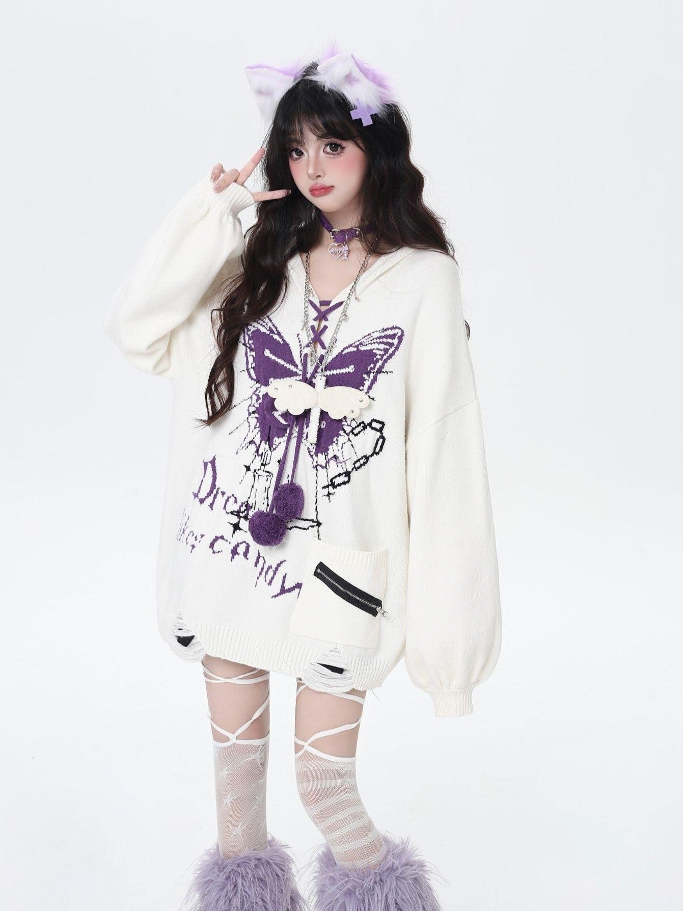 Crazy Girl Butterfly Bow V-neck Hooded Lantern Sleeve Loose Women&