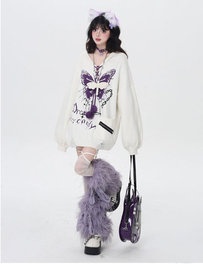 Crazy Girl Butterfly Bow V-neck Hooded Lantern Sleeve Loose Women&