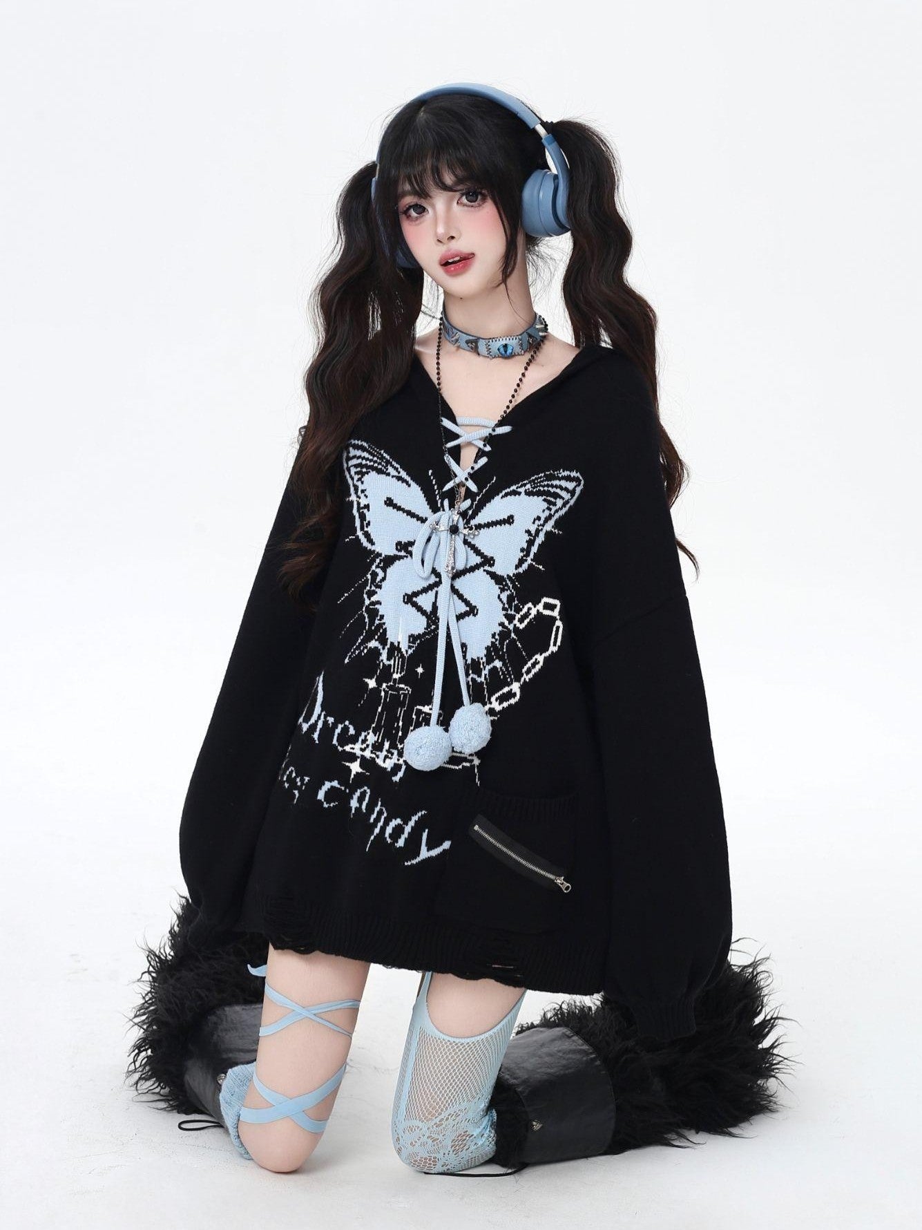 Crazy Girl Butterfly Bow V-neck Hooded Lantern Sleeve Loose Women&