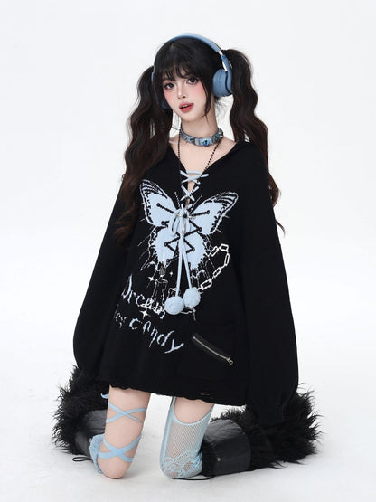 Crazy Girl Butterfly Bow V-neck Hooded Lantern Sleeve Loose Women&