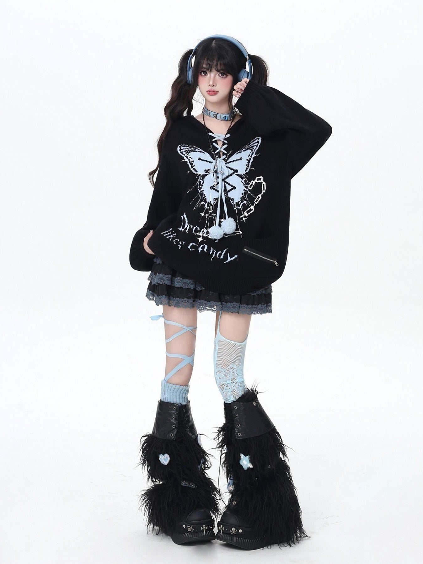 Crazy Girl Butterfly Bow V-neck Hooded Lantern Sleeve Loose Women&