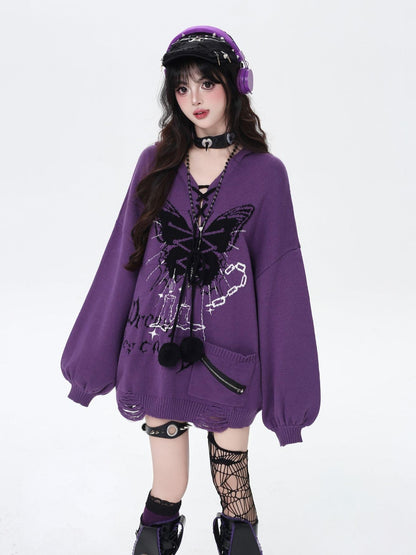 Crazy Girl Butterfly Bow V-neck Hooded Lantern Sleeve Loose Women&