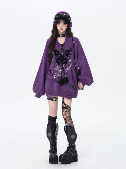 Crazy Girl Butterfly Bow V-neck Hooded Lantern Sleeve Loose Women&
