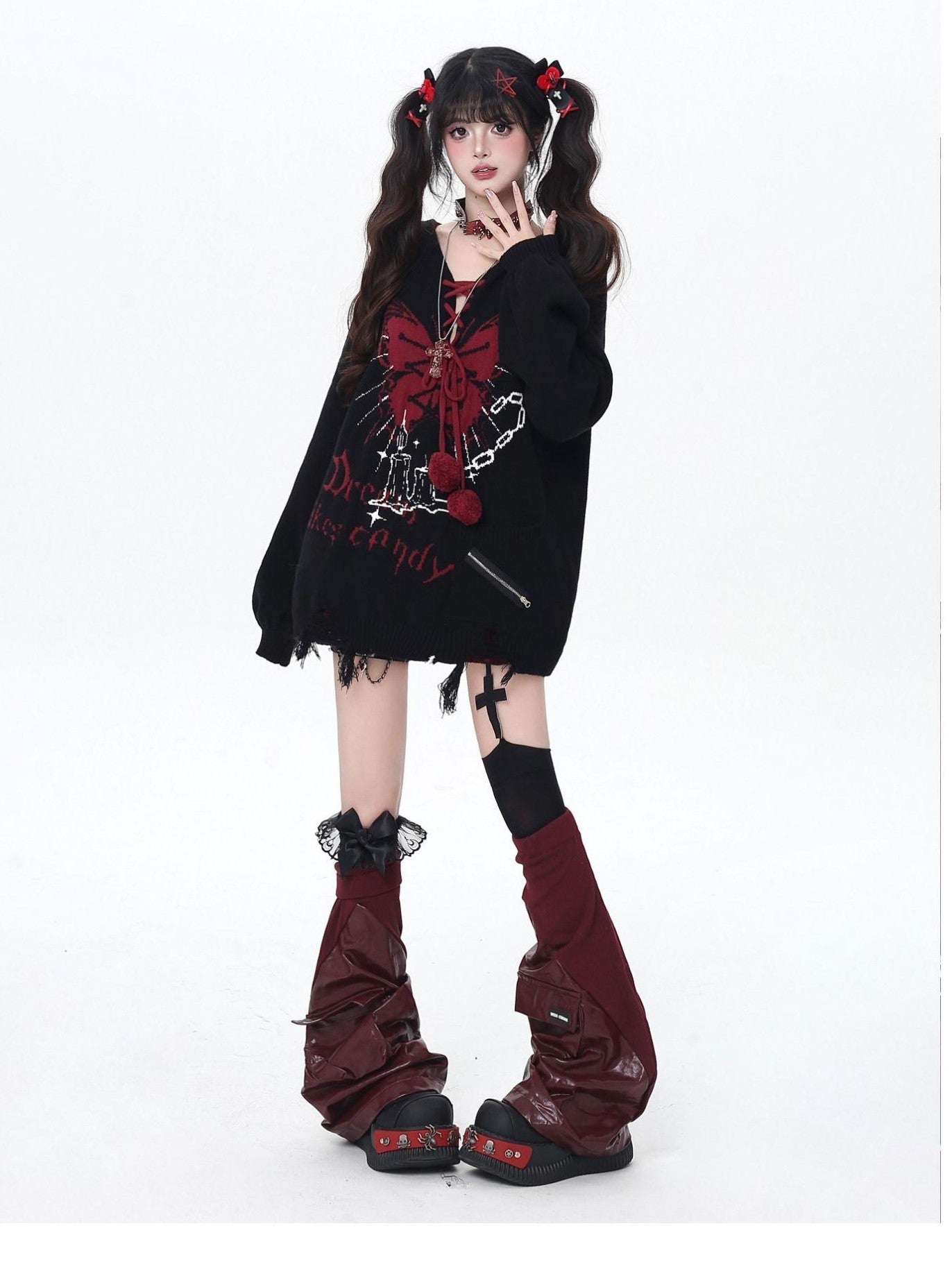Crazy Girl Butterfly Bow V-neck Hooded Lantern Sleeve Loose Women&