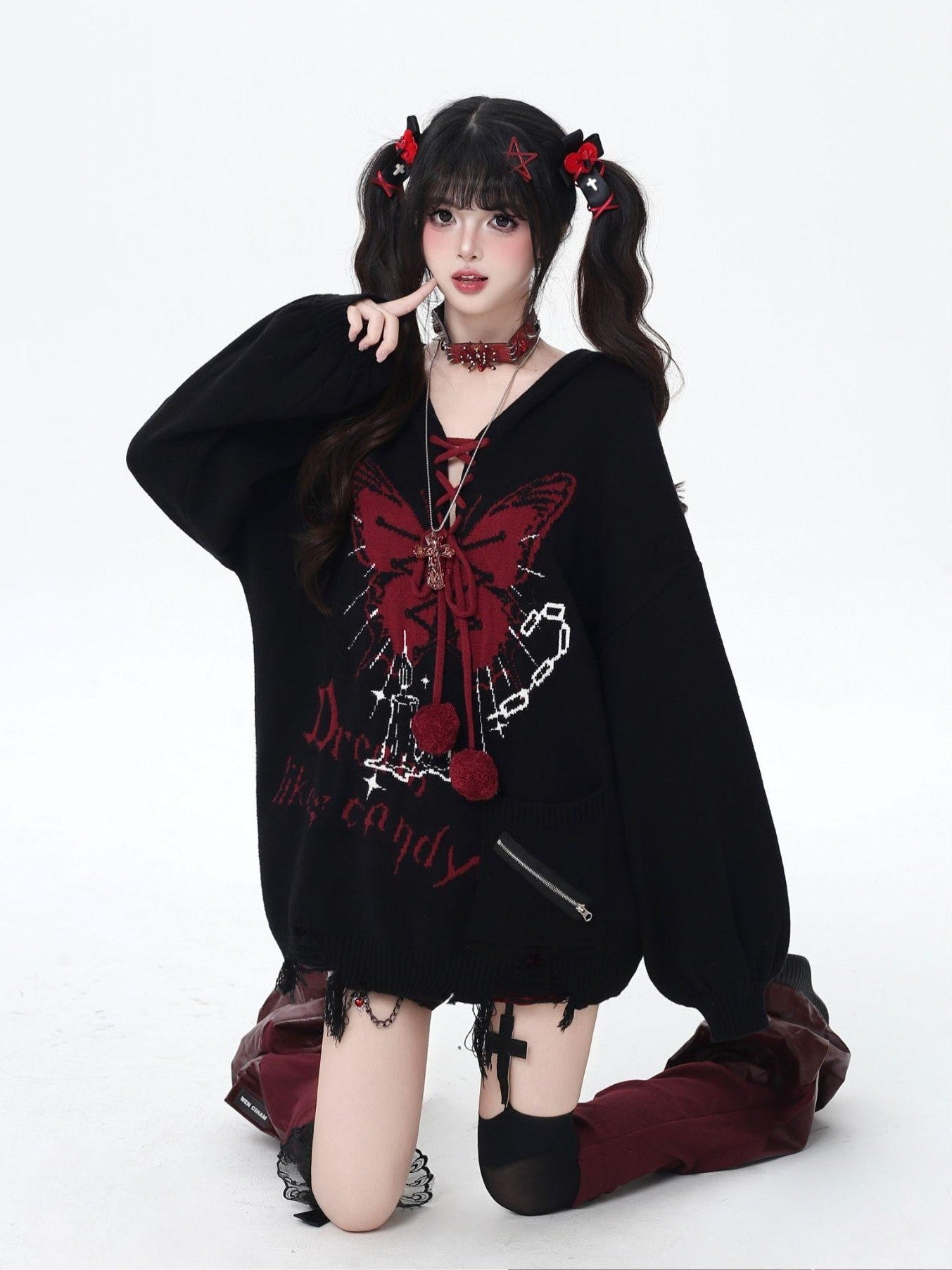Crazy Girl Butterfly Bow V-neck Hooded Lantern Sleeve Loose Women&