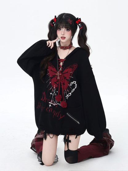 Crazy Girl Butterfly Bow V-neck Hooded Lantern Sleeve Loose Women&
