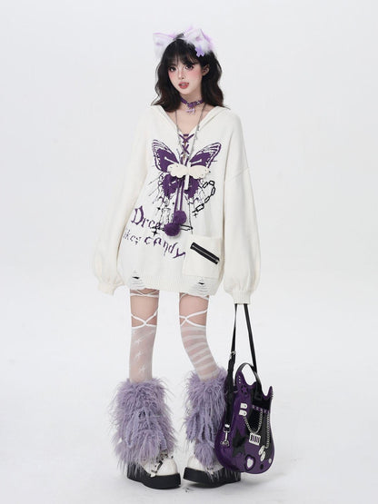 Crazy Girl Butterfly Bow V-neck Hooded Lantern Sleeve Loose Women&