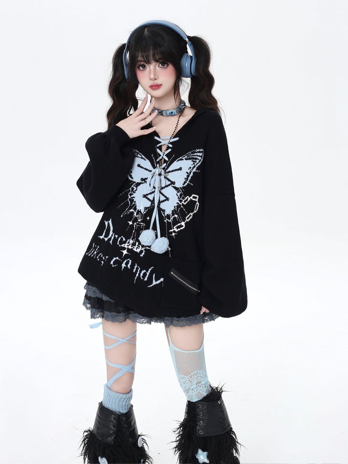 Crazy Girl Butterfly Bow V-neck Hooded Lantern Sleeve Loose Women&