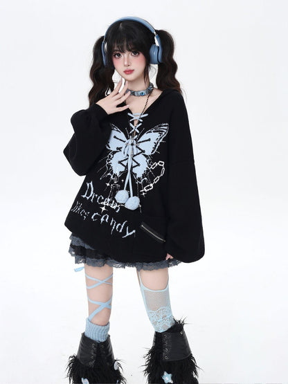 Crazy Girl Butterfly Bow V-neck Hooded Lantern Sleeve Loose Women&