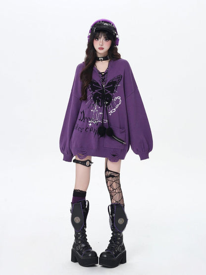 Crazy Girl Butterfly Bow V-neck Hooded Lantern Sleeve Loose Women&