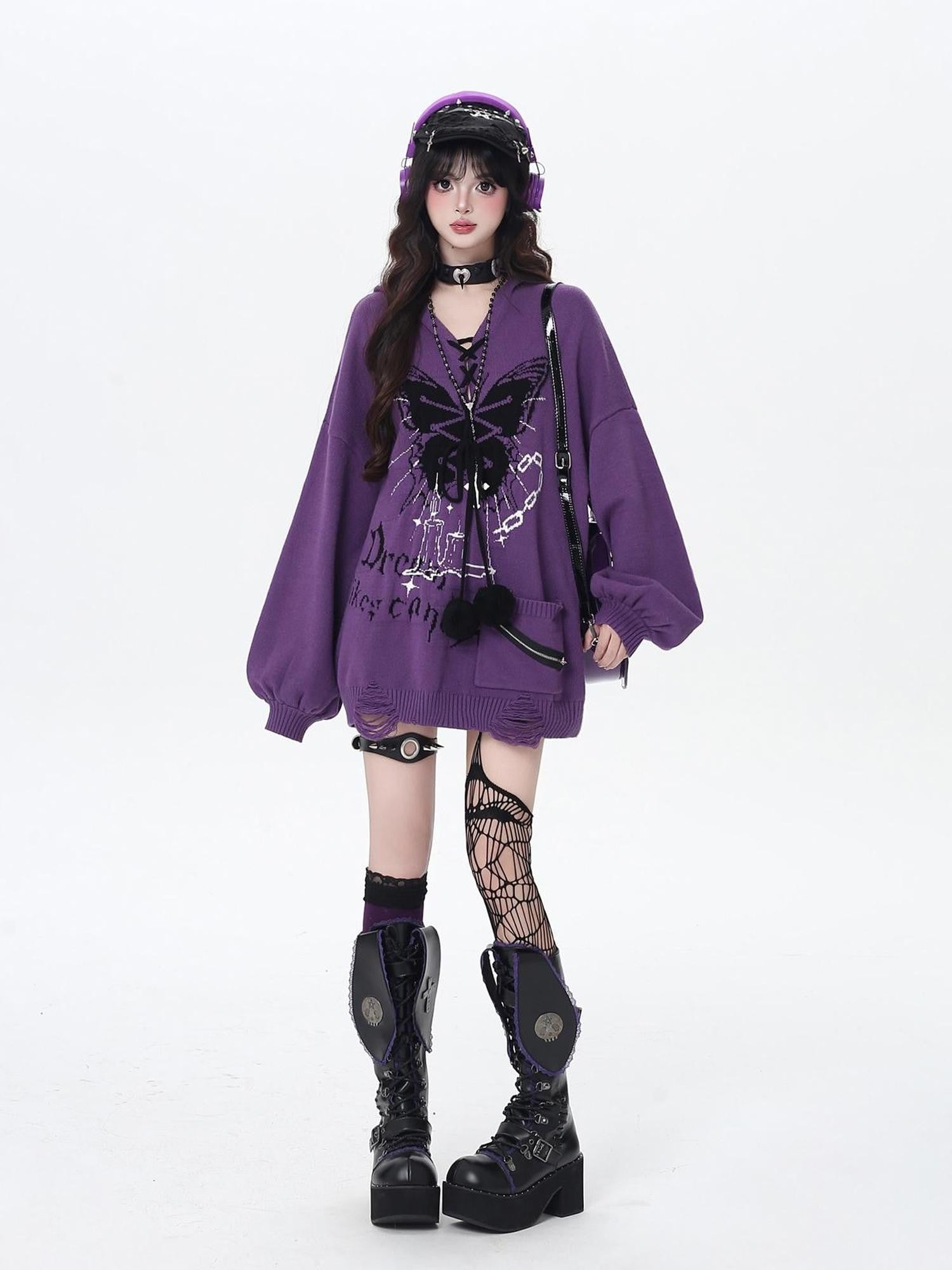 Crazy Girl Butterfly Bow V-neck Hooded Lantern Sleeve Loose Women&