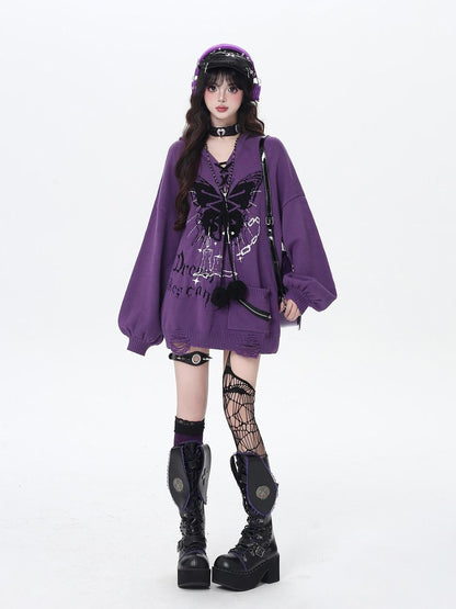 Crazy Girl Butterfly Bow V-neck Hooded Lantern Sleeve Loose Women&